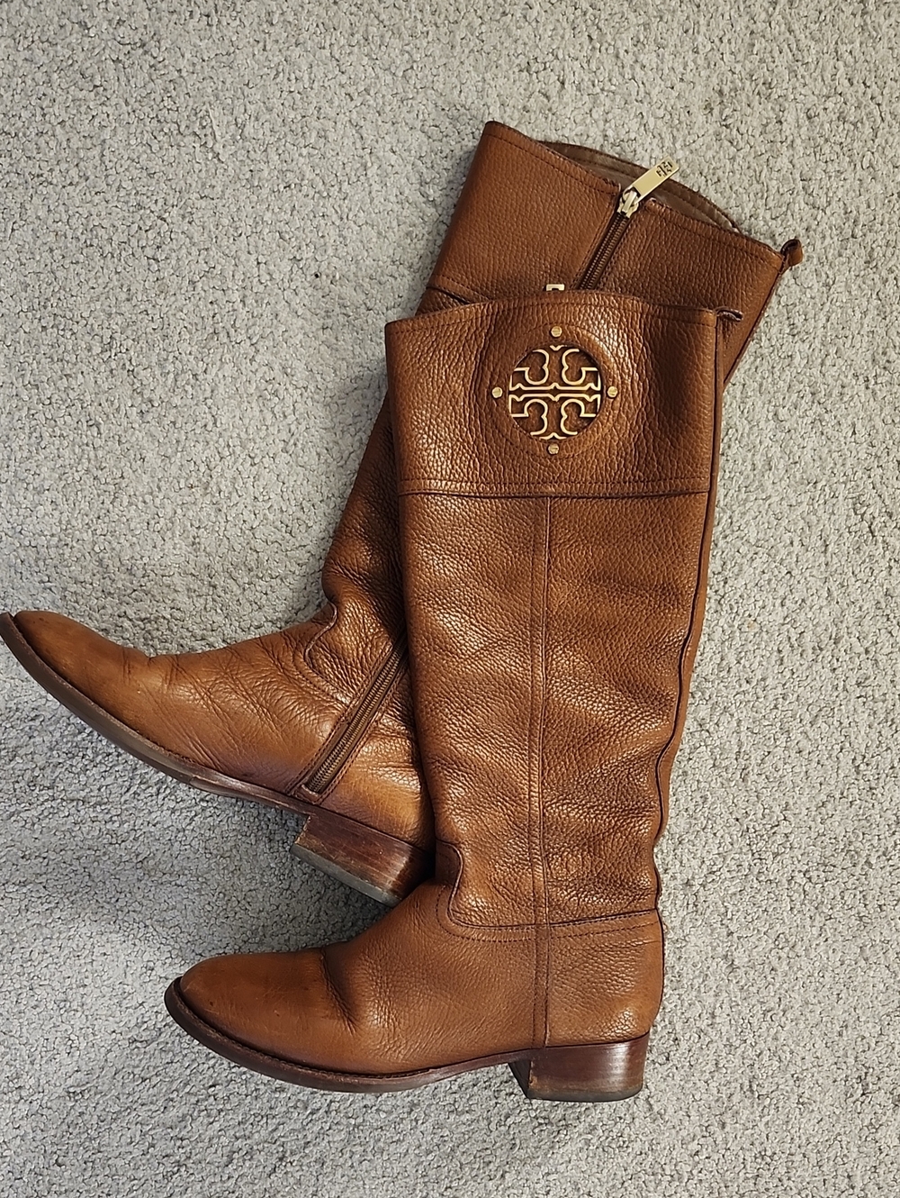 Tory Burch Cognac Leather Knee-High Boots with Gold Logo